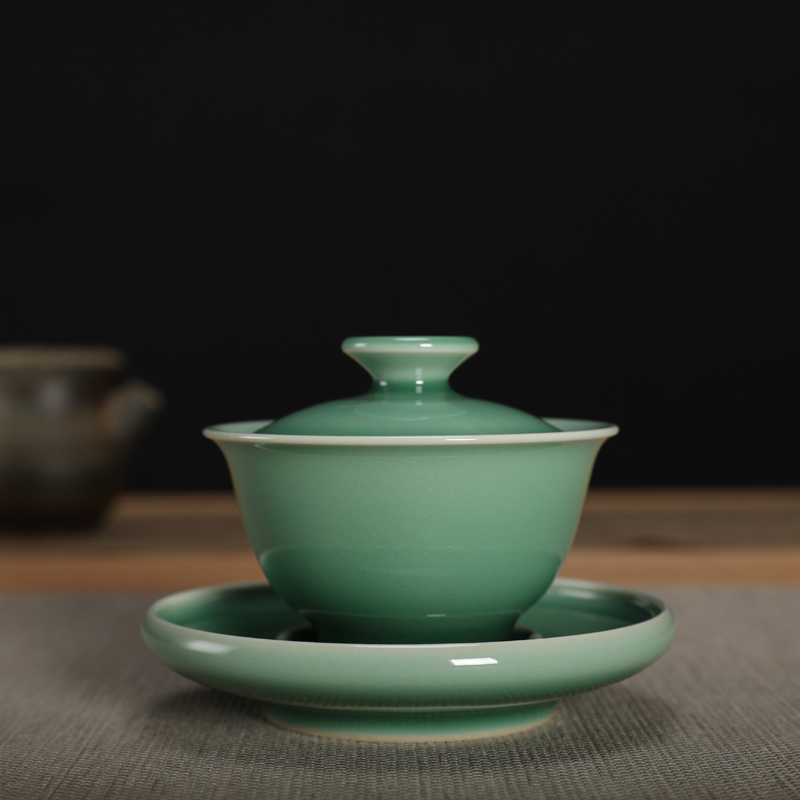 Dragon Springs Disciples Kiln Green Porcelain Zhou Lian Fu Pure Handmade Plum Green Cover Bowl Tea Bowl Kongfu Tea With Three Talents Suit Ceramics-Taobao