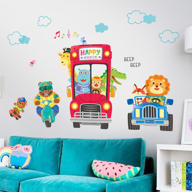 Cartoon Kids Room Boys Bedroom Decor Car Sticker Kindergarten Setup Overall Cabinet Animal Wall Sticker Self Sticker