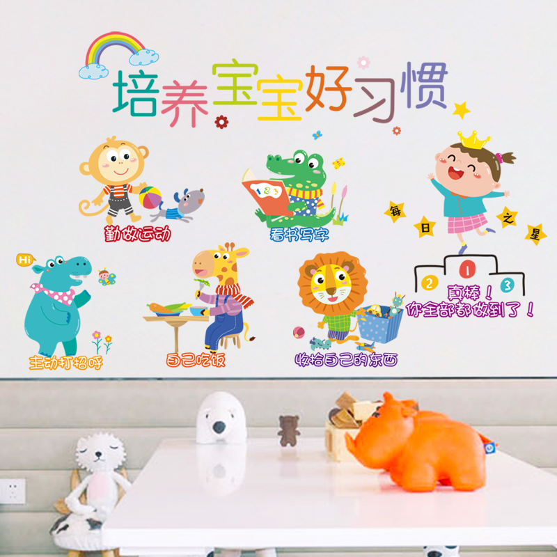 Cartoon Baby Early teaching sticker Children's room Bedroom Decorative Wall Sticker Painting Kindergarten Classroom Good Habit Slogans