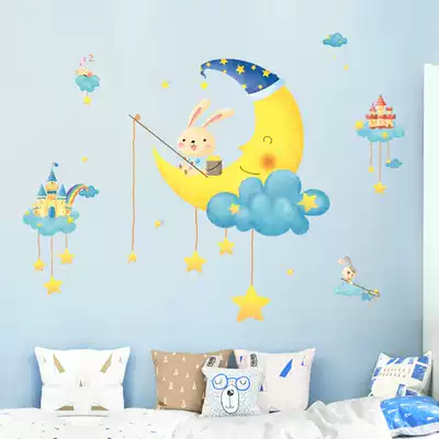 Cartoon moon rabbit sticker Bedroom warm wall decoration living room creative wall sticker self-adhesive painting can be removed