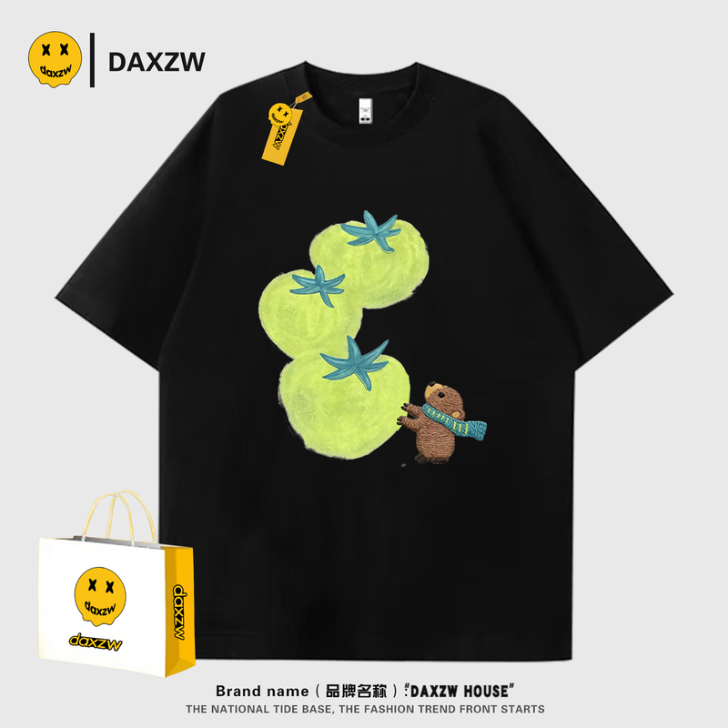 Daxzw Trendy Brand Cartoon Print Short-Sleeved T-Shirt for Men and Women, Loose Round Neck Pullover, 2026 Summer Trendy Luxury Casual