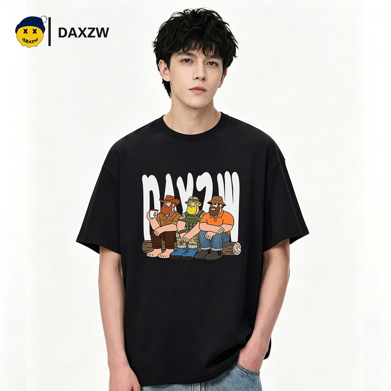 Daxzw American Style Trendy Brand Cartoon Print Short-Sleeve T-Shirt for Men and Women, Loose Fit, Couple's Round Neck Versatile Black Top for Summer