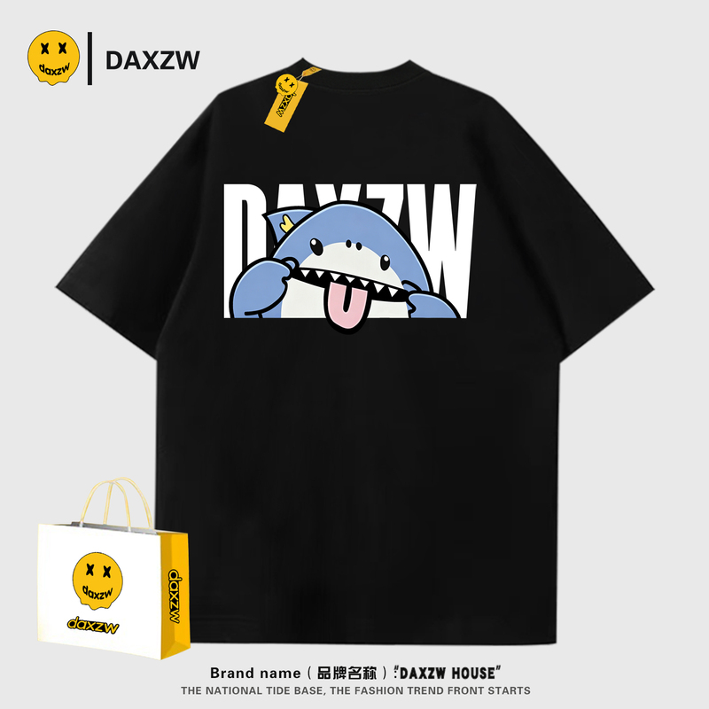 Daxzw Trendy Brand Cartoon Shark Print Short-Sleeved T-Shirt for Men and Women Loose Pullover Round Neck Pure Cotton Couple Tops Summer