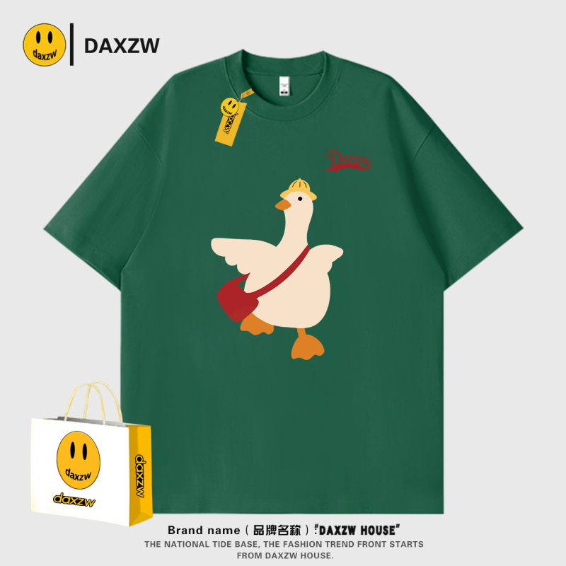 Daxzw American Retro Cartoon School Duck Summer Loose Round Neck Top Trendy Brand Short-Sleeved T-Shirt for Men and Women