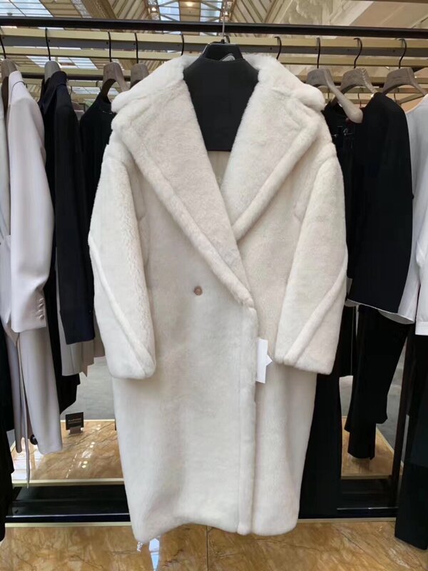 Autumn and Winter m Brand White Teddy Bear Coat for Women, Oversized Alpaca Wool Mid-Length Thick Fur Wool Warm Coat