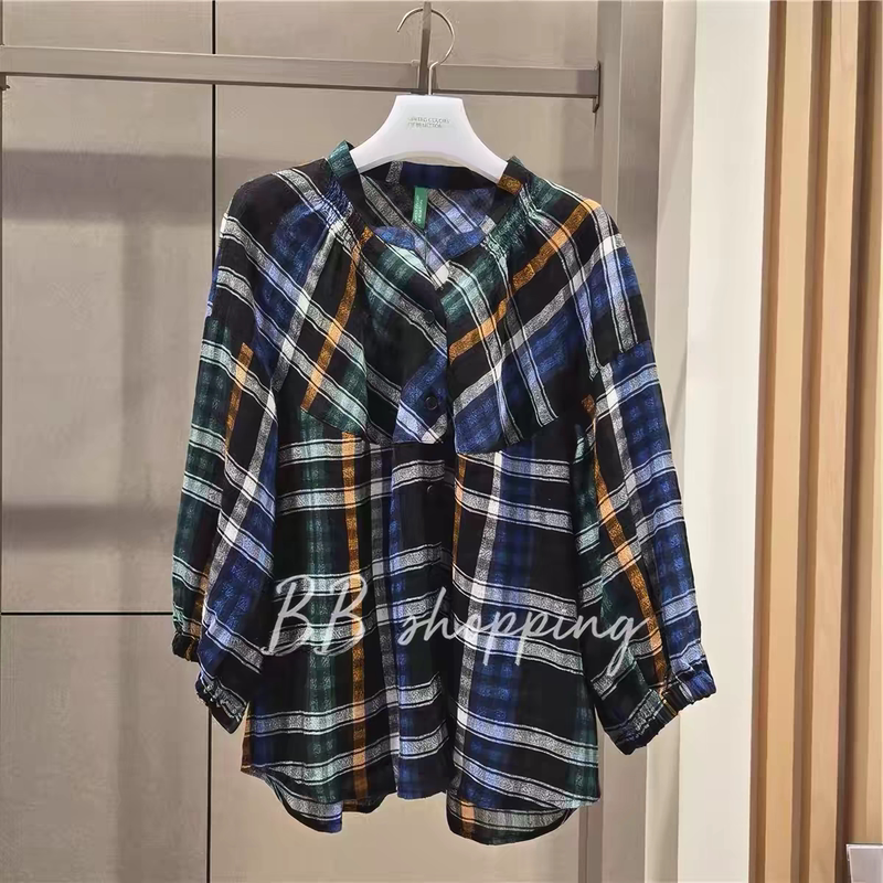 Exclusive Han Shunchun Yuan Ben Nai Tong Loose Casual Retro Plaid Single-Breasted Three-Quarter Sleeve Shirt