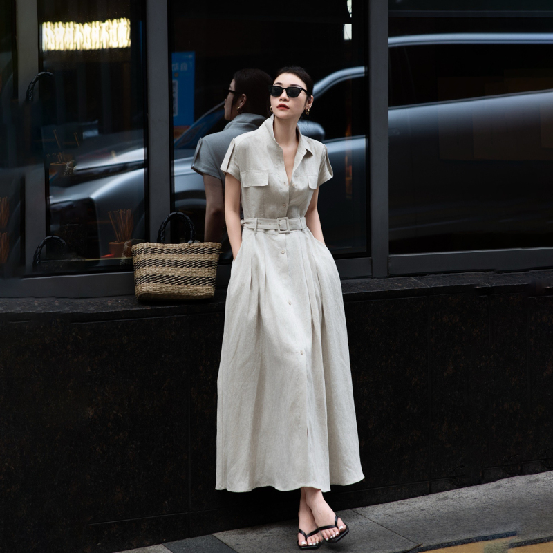 Summer Commuting Simple Style Linen Shirt Dress Queen Waist-Cinching Flared Mid-Length Dress Slimming Elegant Fitted Dress