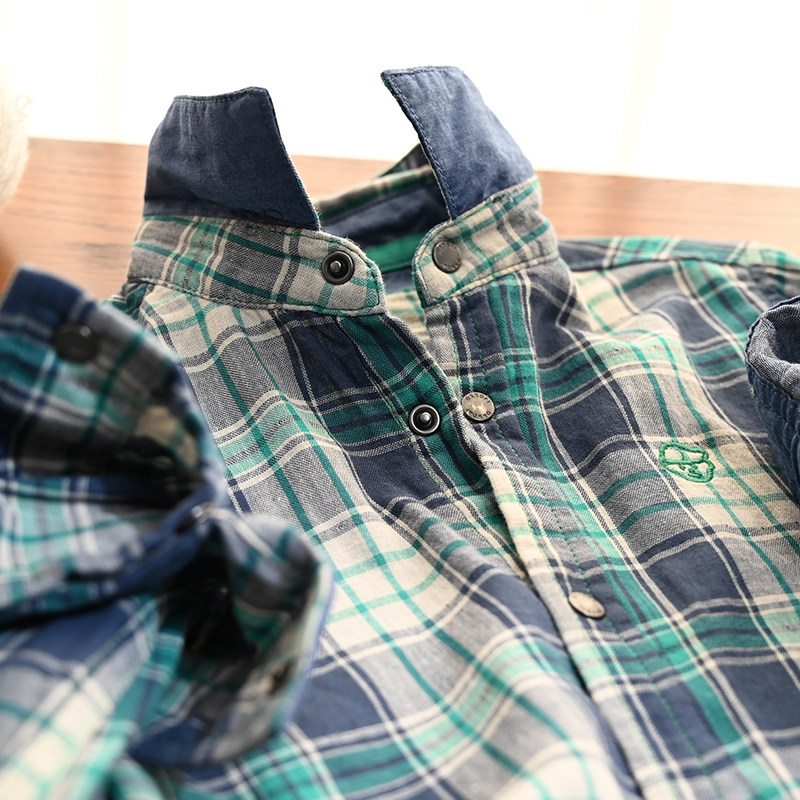 Double Layer Soft Gauze Children Pure Cotton Plaid Shirt Boy Girl Cartoon Embroidered Long Sleeve Shirt New