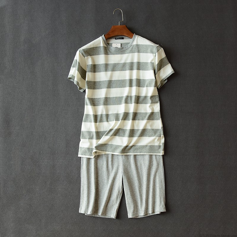 Phá mã xử lý cặp mẫu quần áo sọc nhà phù hợp với quần short cotton ngắn tay nam và nữ váy ngủ lụa tơ tằm