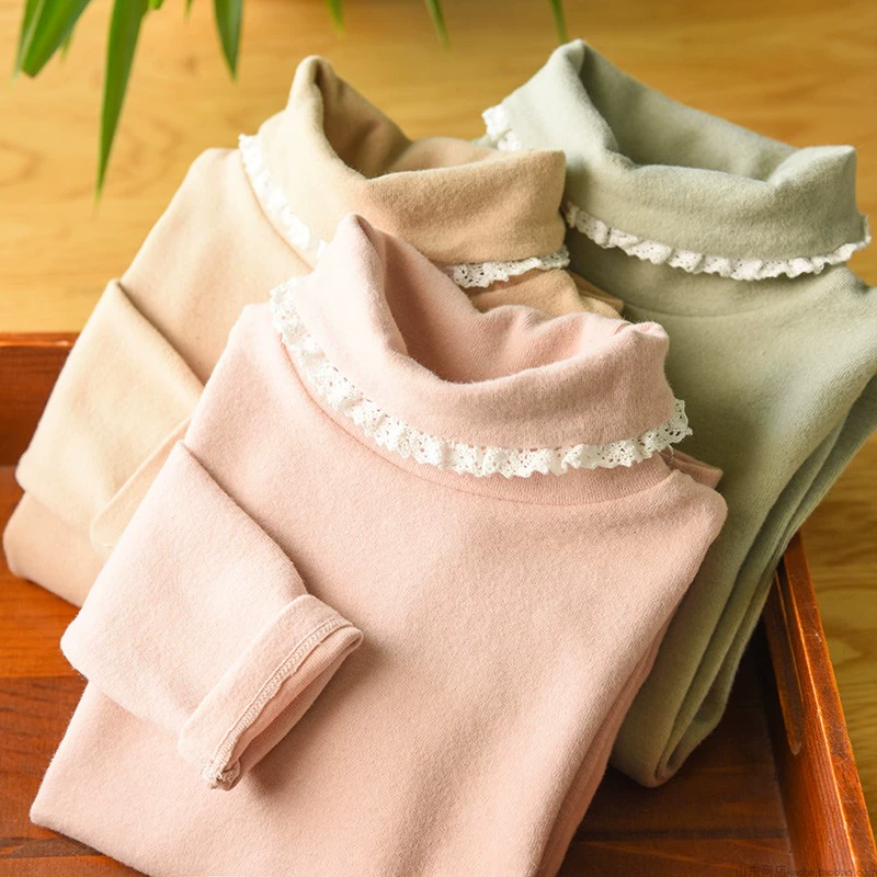 Áo thun cotton dày co giãn trẻ em cổ cao áo thun đáy quần ren bên bé trai mùa thu mới