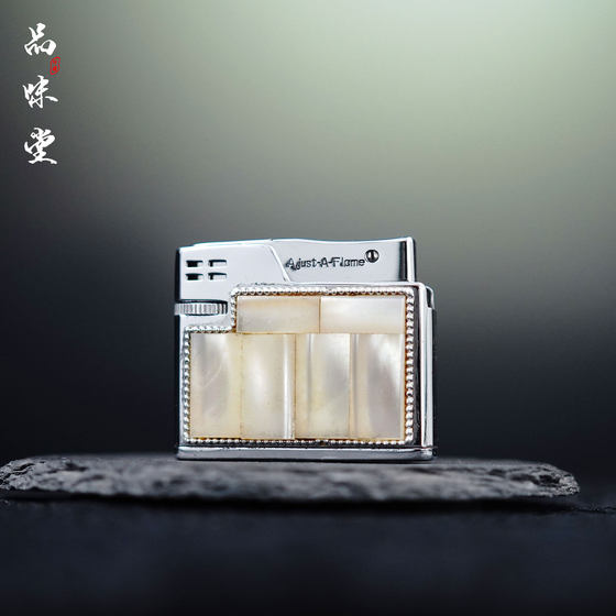 1960年日本Flame天然母贝白贝镶嵌磕头机气体机古董打火机烟具
