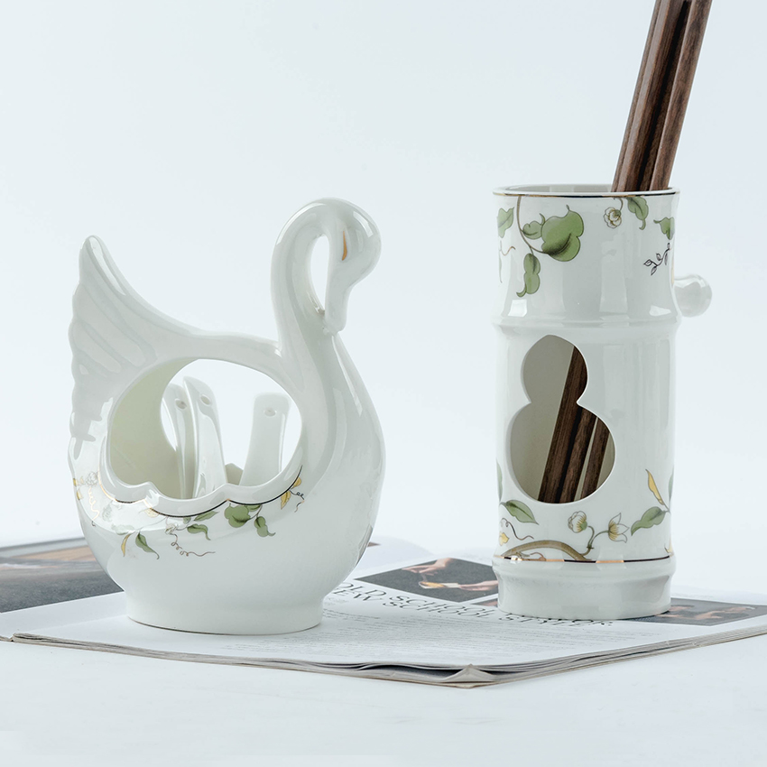 Jin Lanyu Tangshan bone china Chopstick tube Knife and fork chopstick cage Ceramic spoon Pretty swan tableware storage cage spoon