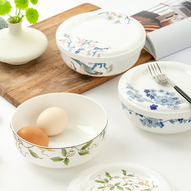 Golden Lan Jade Tangshan Bone China 6 Inch Straight Opening Noodle Bowl with lid Noodle Bowl dish Pickle Dish Bowl Egg Spoon Bowl Preservation Bowl