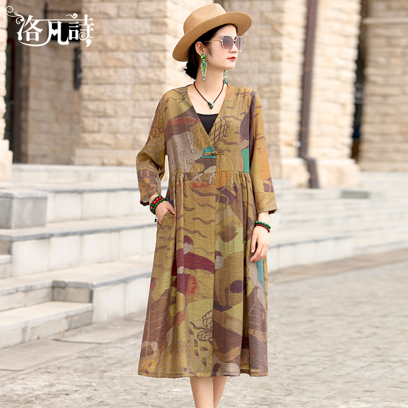 Luofan poetry plate buckle long sleeve dress women's long coat long skirt 2021 autumn new large size temperament slim skirt