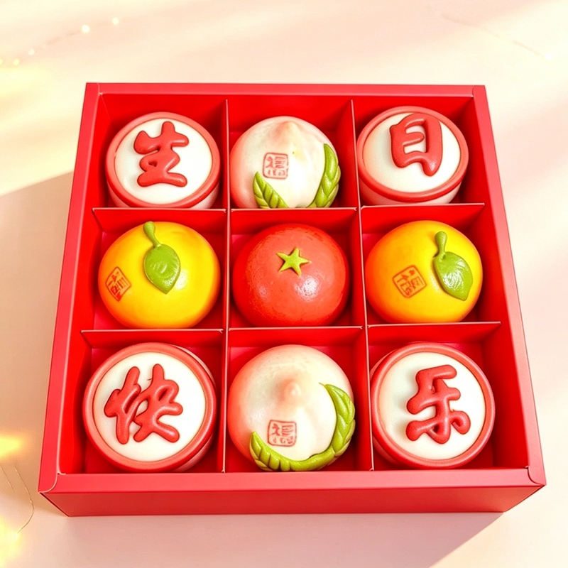 Souvenir Gift Box with Nine-Compartment Birthday Buns, Birthday Peaches, Holiday Flower Buns, Jiaodong Flower Buns, and Steamed Buns for Gifting during New Year Souvenir Gift Box with Nine-Compartment Birthday Buns, Birthday Peaches, Holiday Flower Buns, Jiaodong Flower Buns, and Steamed Buns for Gifting during New Year