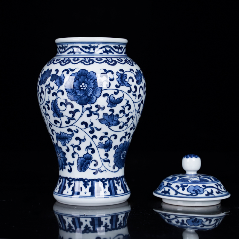Blue and white porcelain of jingdezhen ceramics bound lotus flower general pot small tea caddy fixings furnishing articles home sitting room tea table