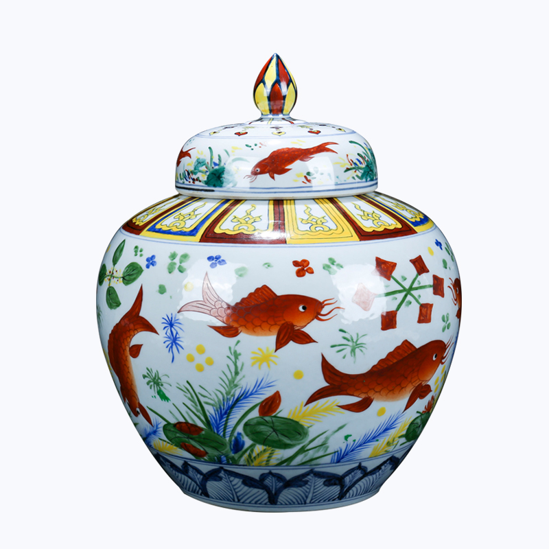 I and contracted jingdezhen ceramics colorful fish and algae cover pot decorative furnishing articles gm caddy fixings storage tank porcelain