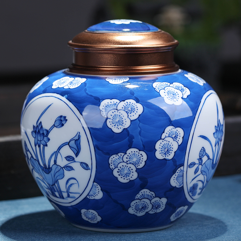 Jingdezhen blue and white hand - made ceramic lotus packing gift box sealing puer tea general 2 two household savings