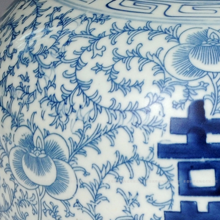 Jingdezhen ceramics modern blue and white big happy character pot craft vase fashionable home furnishing articles storage tank