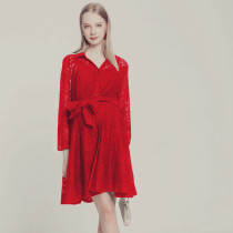 Red dress 2021 new pregnant women bride pregnant women professional wear spring and autumn lace dress mid-length