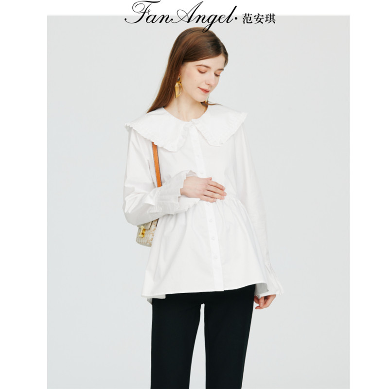 Pregnant woman White Bottomed Shirt Doll Collar Sweet and Korean version Loose Large Code Gestation Woman Dress Spring Clothing Pure Cotton Blouse-Taobao