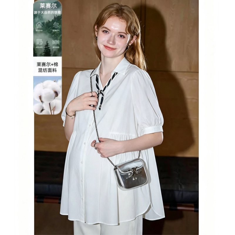 Plus-Size Maternity Professional Wear Summer Outfit Interview Shirt Work Commute Maternity Wear Summer French-Style Top Pure Cotton Shirt