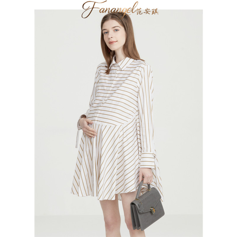 Business professional pregnant women spring and autumn shirt mid-length 2022 new loose pregnant women spring cotton shirt dress