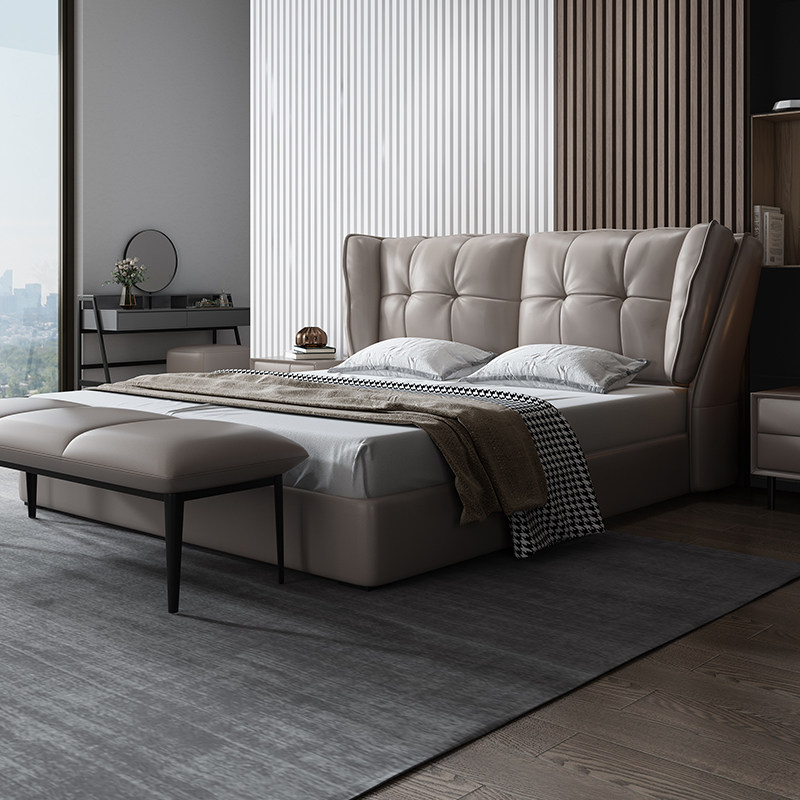 Full wood frame 1 8m double bed modern minimal master sleeper bed household with one meter 8 high - grade leather soft bed