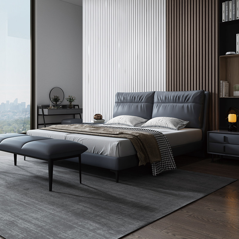 The master bedroom zhen leather bed high-grade 1 8 meters master bed modern minimalist master bedroom double solid wood modern master bedroom light luxury