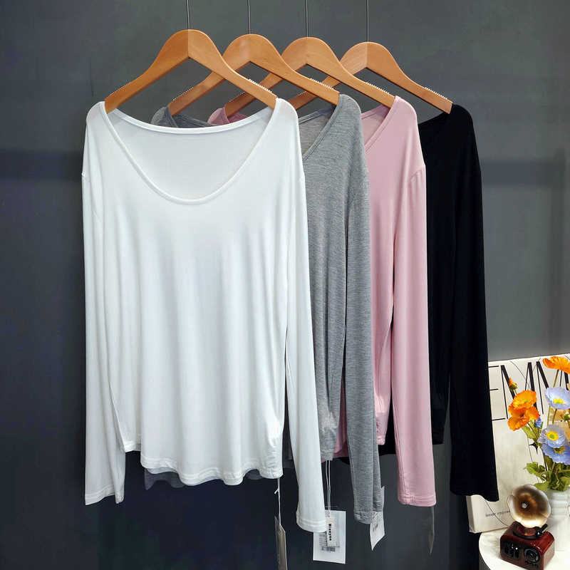 Soft Modal U-Neck T-Shirt for Women, Large Neckline, Loose Fit, Slimming, Drapey Top, Solid Color, Low-Neck, Long-Sleeve Base Shirt