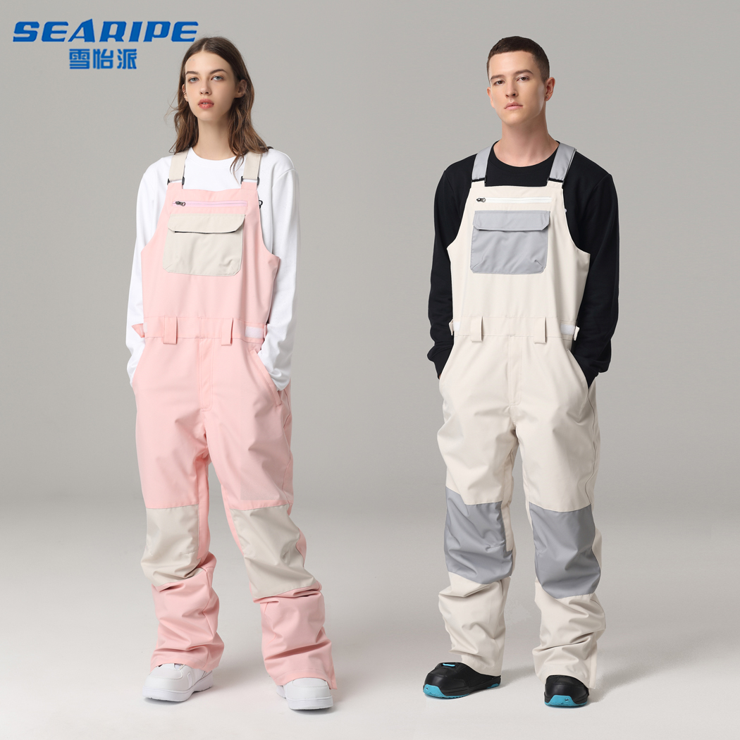 Snowboard strap ski pants Pink white windproof warm ski suit one-piece men's and women's outdoor ski equipment
