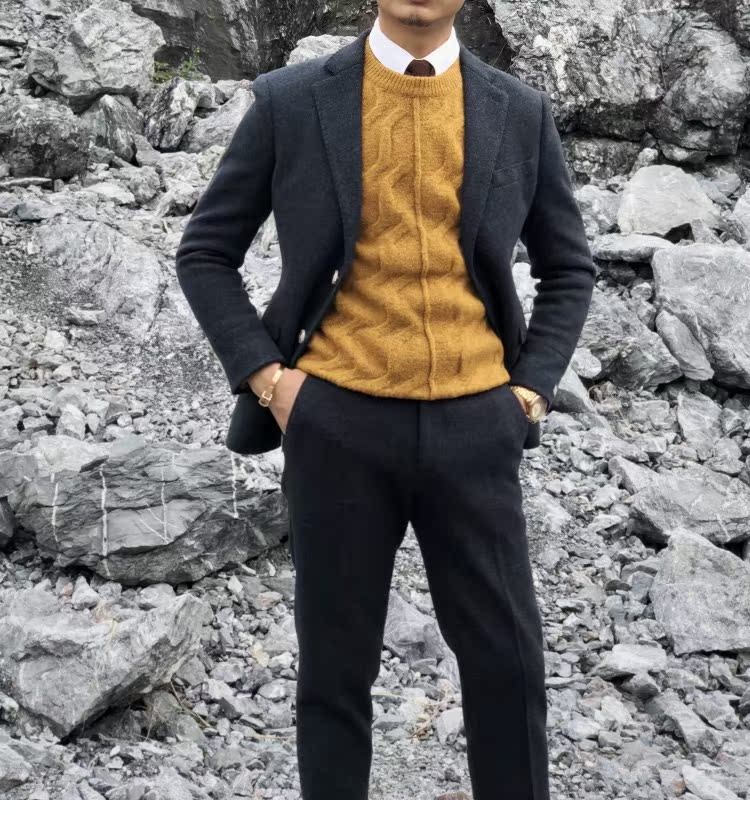 2018 thu đông nam Hàn Quốc dày phù hợp với bộ đồ mỏng phù hợp với len Anh retro nhỏ phù hợp với hai bộ thủy triều quần nam