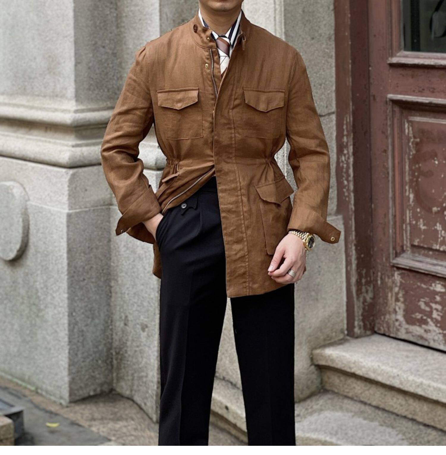 Men's 100% Linen Safari Jacket Slim Fit Pockets Hunting Coat