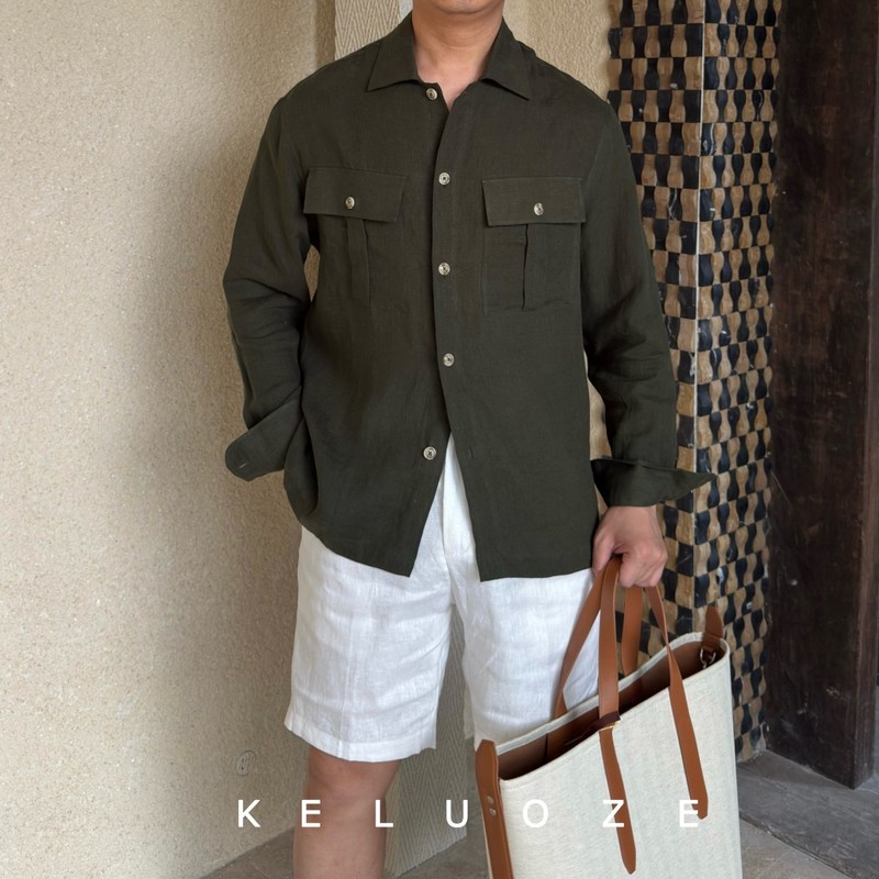 Summer 100% Linen Long-Sleeve Shirt British Commuter Retro Casual Wide Lapel Multi-Pocket Old Money Shirt for Men