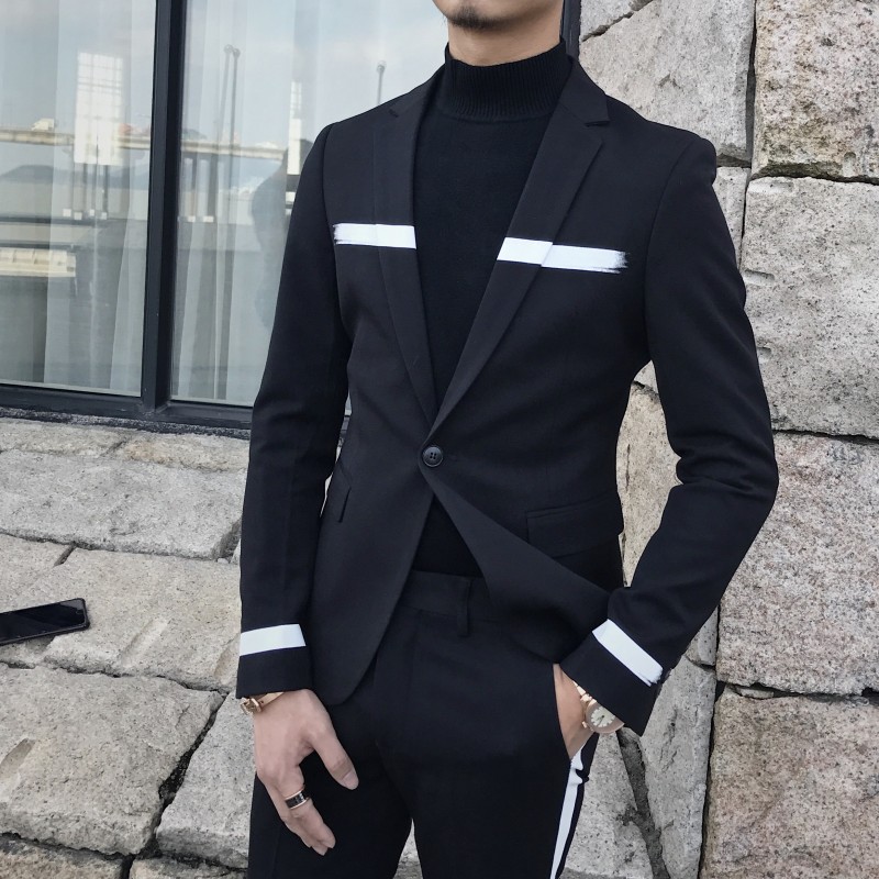 Ngôi sao lớn 2018 trình diễn catwalk thời trang phù hợp với bộ đồ nhỏ phù hợp với phiên bản Hàn Quốc màu trắng tương phản màu sắc phù hợp với bộ đồ hai mảnh quần tây nam