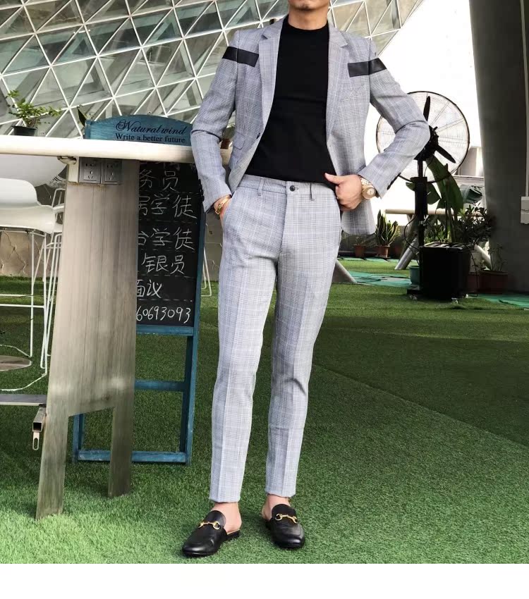 2018 mùa thu lớn kẻ sọc phù hợp với phù hợp với thời trang khâu thiết kế houndstooth slim phù hợp quần dài nam