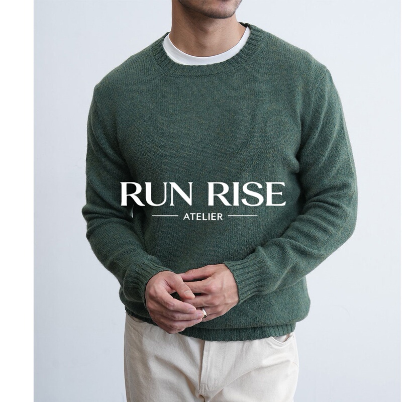 Run Rise Italian-Style High-End Pure Wool Lazy Style Green Sweater Men's Winter Retro Knitted Wool Sweater