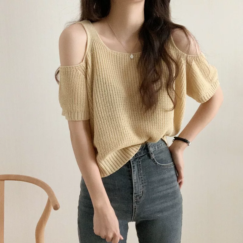 Летний вязанный свитер с круглым воротом, с рукавами, с коротким рукавом, яркий запоминающийся стиль