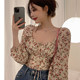 French Floral Square Collar Top Shirt Women's Design Niche Puff Sleeve Slim Pleated Spring Style Collarbone Exposed Shirt