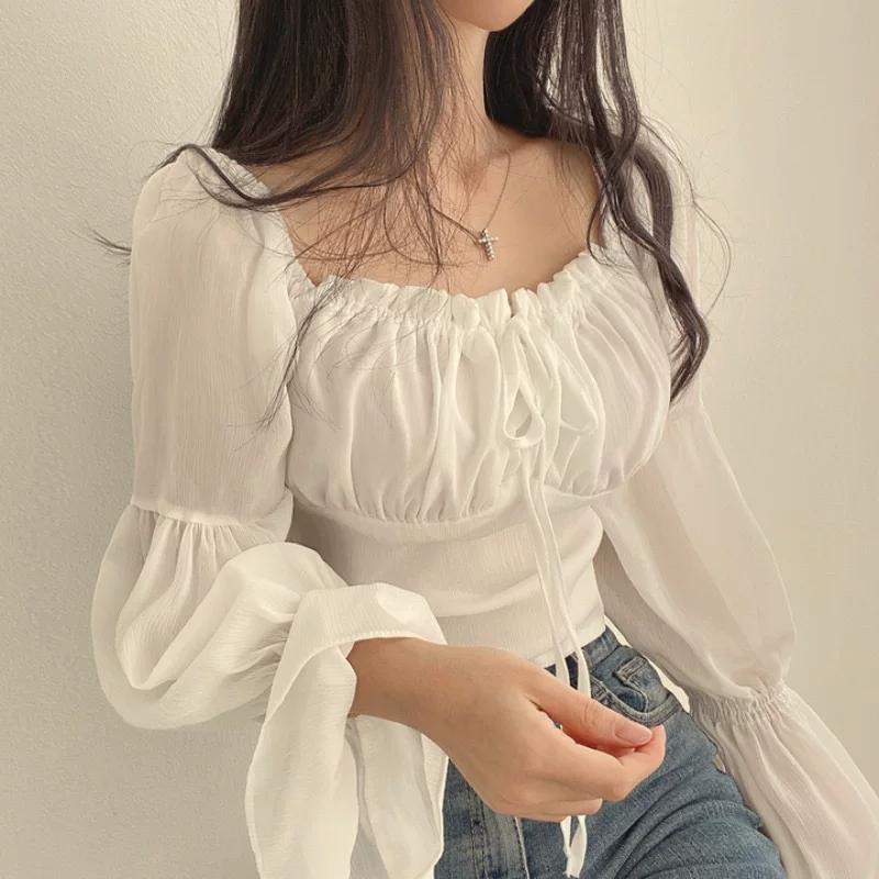 П Spring fitted brace, шифон мегагон, короткая рубашка, корейский стиль, французский стиль, квадратный вырез