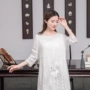 Hanfu nữ mùa hè cải tiến cần cẩu thêu nghệ thuật retro phụ nữ lụa gai bảy điểm tay áo dài đoạn trà Zen - váy đầm vay cuoi