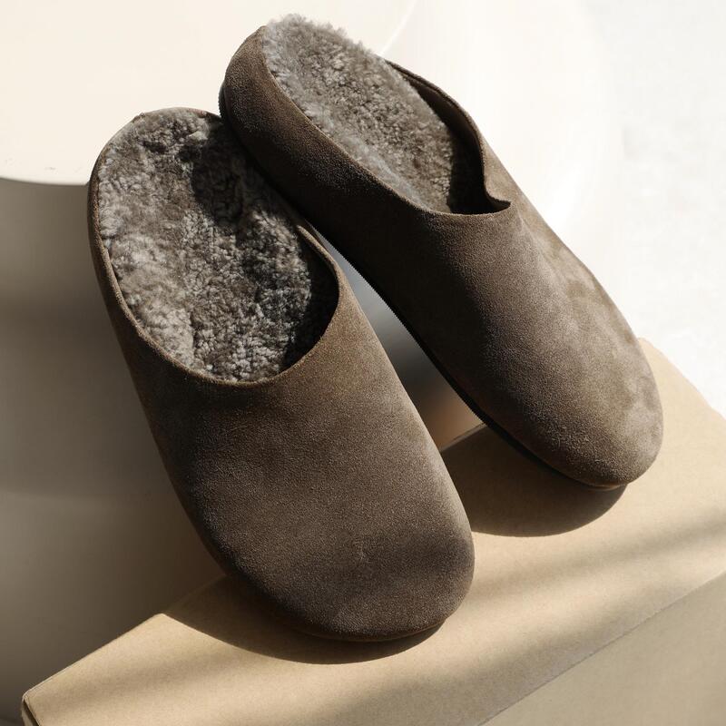 Inkingpot Peng Jie's Retro Wool Birkenstock-Style Slippers for Women, Thick-Soled, Warm, Closed-Toe, Half-Slippers, Lazy Slippers for Women