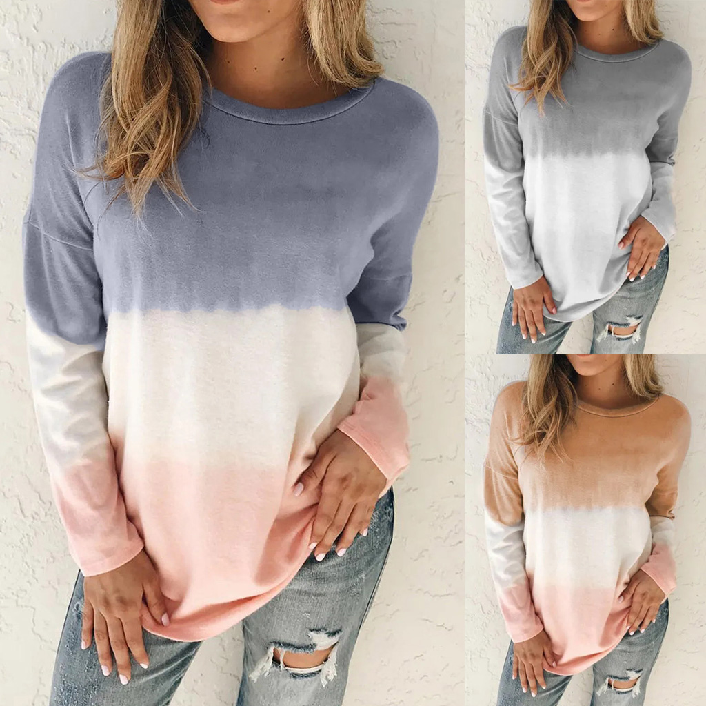 women's printed tie-dye gradient long-sleeved round neck T-shirt sweater NSYF1843