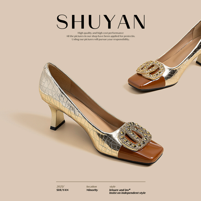 Gold Rhinestone Buckle Crocodile Pattern Square Toe Color-Blocked High Heels for Women 2026 New Niche Design Comfortable Shoes