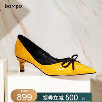 Half Slope women shoes spring new genuine leather butterfly knot pointed snake leather shallow heels with high heel shoe trekking single shoes