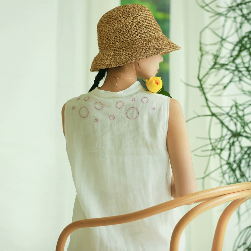 Malin văn học gốc cotton và vải lanh phụ nữ 2020 mùa hè mới 100 ramie không tay đứng cổ áo chia - váy đầm