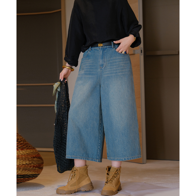 Malin Cotton Twill Denim Enzyme-Washed Vintage Denim Artistic Casual Loose Flared Cropped Pants【Just Right】