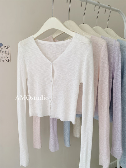 V-Neck Gentle Ice Silk Knitted Sun Protection Cardigan for Women, Thin Burgundy Pearl Button Short Chic Outerwear