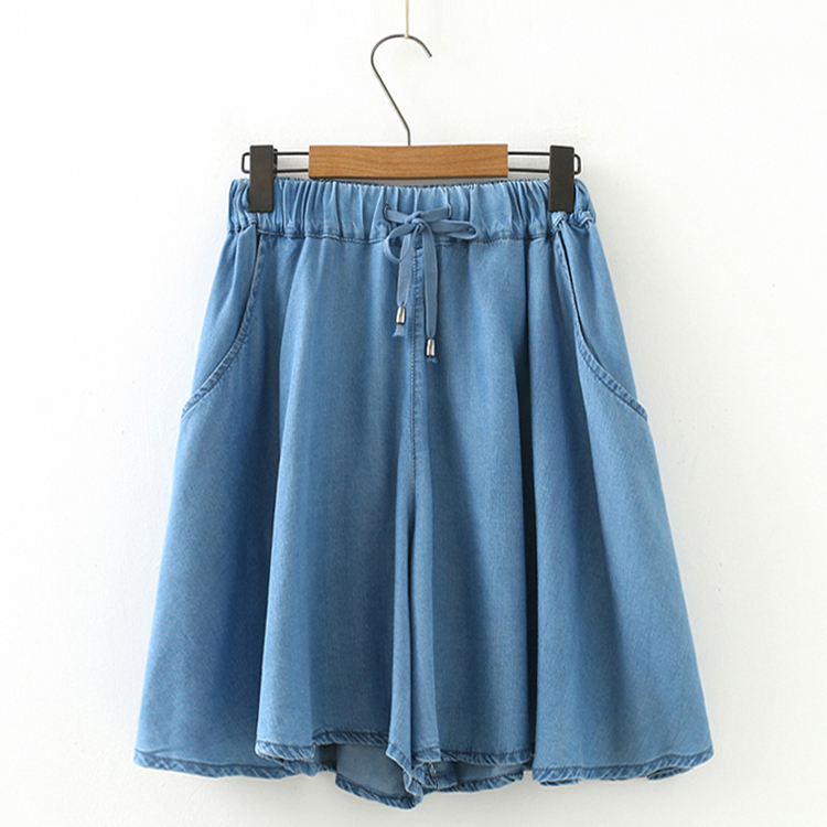 Tencel jeans váy mùa hè mới đơn giản phần mỏng đàn hồi eo dây rút tie cao eo quần chân rộng phụ nữ quần short giản dị chân váy bò
