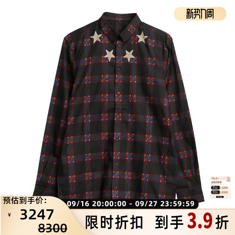 Givenchy Men's Star Plaid Jacquard Shirt Cotton Long Sleeve Top Intime 301596 Givenchy Men's Star Plaid Jacquard Shirt Cotton Long Sleeve Top Intime 301596
